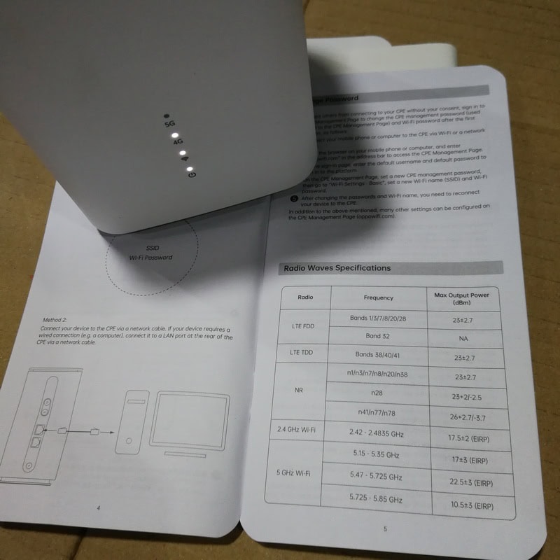 oppo 5g cpe T1a ctc03 indoor wifi router bands on manual