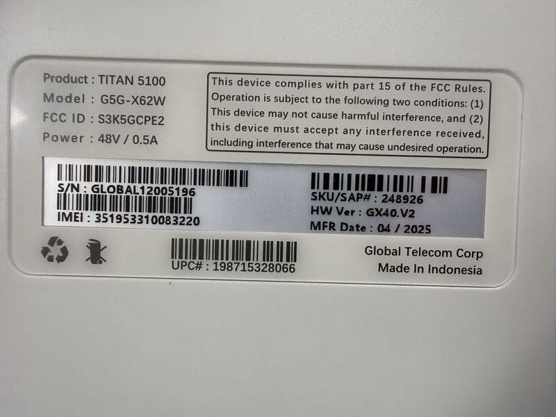 Label on back side of g5g-x62w